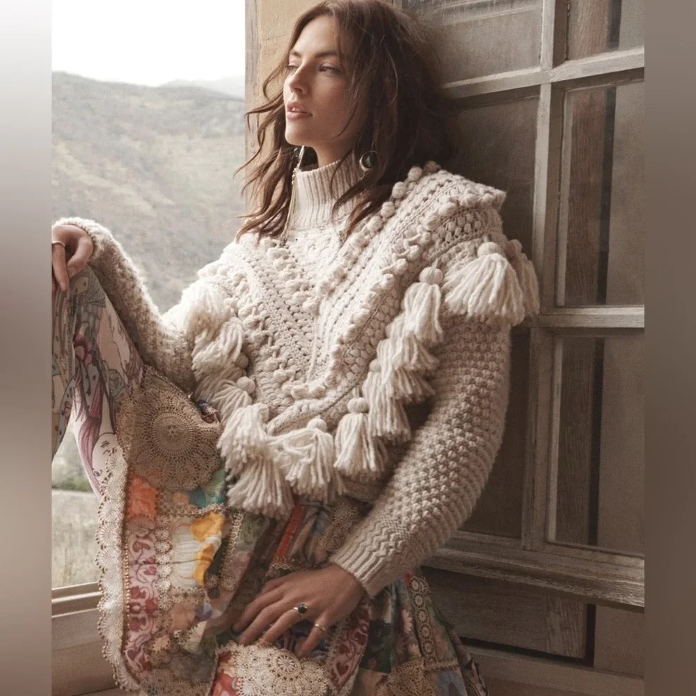 SOLD-Zimmermann Kaleidoscope Natural Crochet Tassel Pom Embellished Wool Sweater - Picture 1 of 9